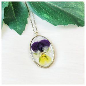 Floral Pendant Necklace Purple and Yellow Pressed Dried Pansy Flower Oval Bezel